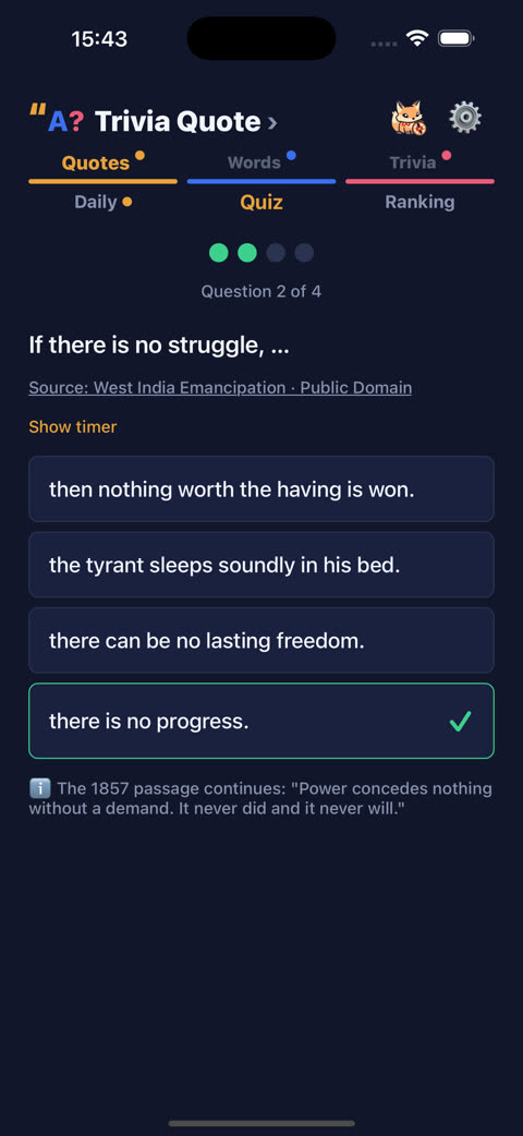 An answered quote question with the correct choice checked and its public-domain source linked