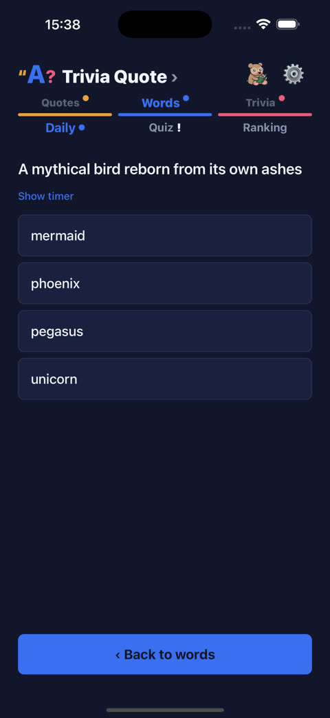 A daily word puzzle: a definition with four word choices